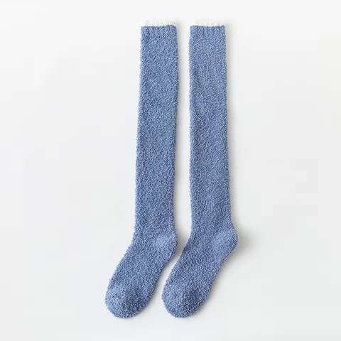 Women Sweet Nylon Solid Color Thickened Thermal Over The Knee Thigh High Sleep Socks Fluffy Soft Coral Fleece Home Floor Long Stockings