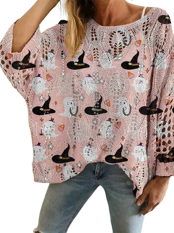 Halloween Ghost Pumpkin 3D Printed Hollow Out Sweater Women Casual Oversized Raglan Sleeve Knit Top Pullover Festive Party Clothing