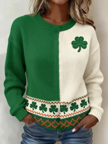 Women Vintage Fair Isle St. Patrick's Day Shamrock Printed Sweater Casual Round Neck Long Sleeve Polyester Knitwear Top