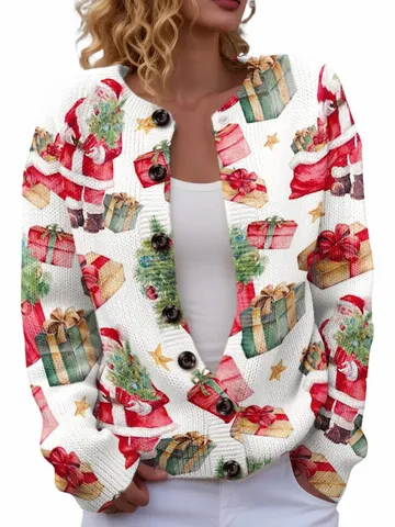Gilet de Noël pour Femmes Imprimé Col Rond Boutonné Graphique de Vacances Manches Longues Haut en Maille Polyester
