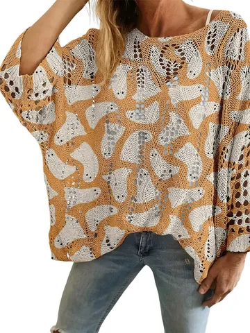 Halloween Ghost Pumpkin 3D Printed Hollow Out Sweater Women Casual Oversized Raglan Sleeve Knit Top Pullover Festive Party Clothing
