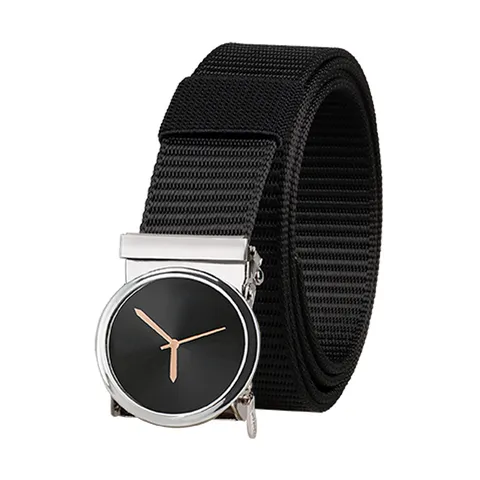 Men Outdoor Nylon Web Belt With Creative Watch Face Automatic Metal Buckle Adjustable Casual Tactical Waist Strap