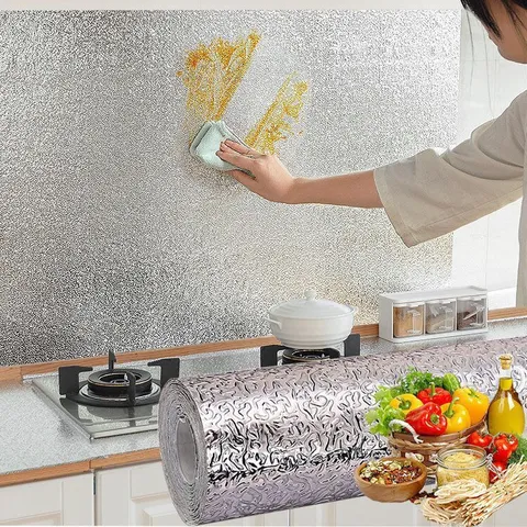 Adhesivo de Pared Antigrasa para Cocina Autoadhesivo de Papel de Aluminio Resistente al Calor Película Protectora