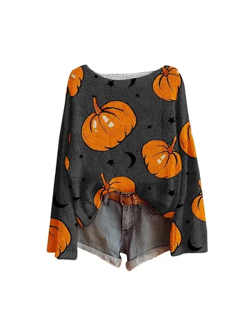 Dames Halloween Off Shoulder Lange Mouw Pullover 3D Geprint Grappige Grafische Polyester Top Casual Vakantie Trui Voor Feest