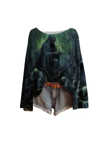 Dames Halloween Off Shoulder Lange Mouw Pullover 3D Geprint Grappige Grafische Polyester Top Casual Vakantie Trui Voor Feest