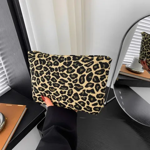 Damen Leopardenmuster Kosmetiktasche Große Kapazität Jacquard Make-up Beutel Mode Reißverschluss Reise Clutch Bag