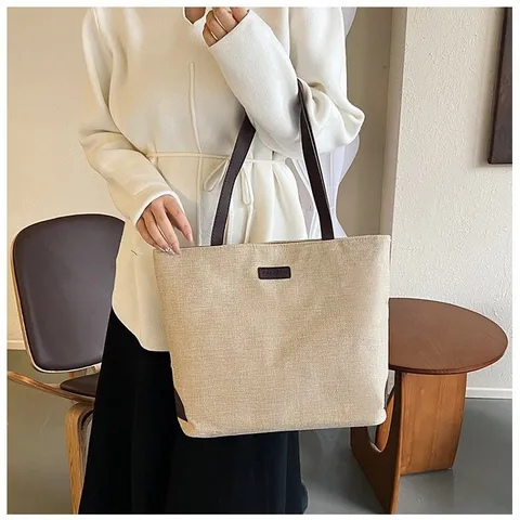 Bolso de Mano de Lona de Gran Capacidad para Mujer Bolso de Hombro Minimalista con Asa de Cuero de Contraste Bolso de Diario