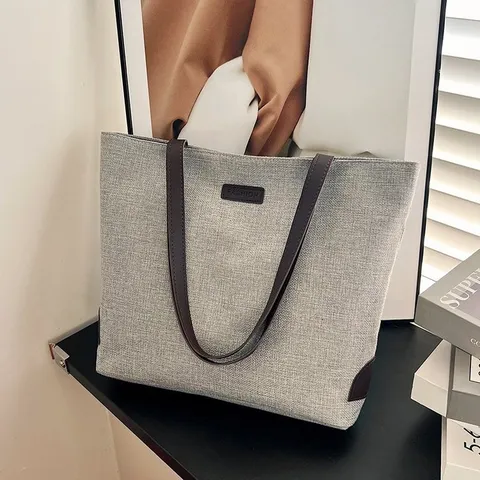 Bolso de Mano de Lona de Gran Capacidad para Mujer Bolso de Hombro Minimalista con Asa de Cuero de Contraste Bolso de Diario