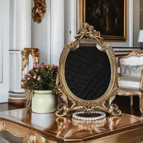 Baroque Vintage Resin Oval Wall Mirror Decorative Desktop Makeup Mirror For Living Room Bedroom Entryway Home Decor