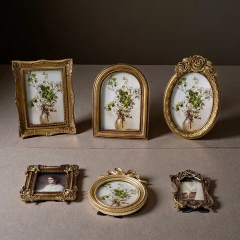 French Vintage Gold Ornate Resin Picture Frame Set Baroque Distressed Relief Photo Frame Tabletop Wall Home Decor Art