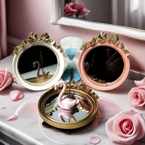 French Vintage Round Desktop Decorative Mirror With Bowknot Relief Resin Gold Pink White Tabletop Vanity Mirror Home Decor Ornament