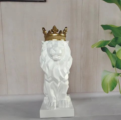Modern Geometric Lion Statue With Gold Crown Resin Animal Figurine Sculpture Desktop Ornament Luxury Home Office Decoration Gift