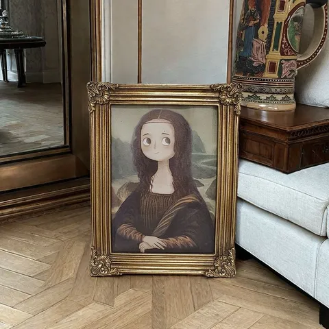 European American Retro Resin Carved Photo Frame Antique Gold Baroque Ornate Picture Frame With Mona Lisa Cartoon Art Print
