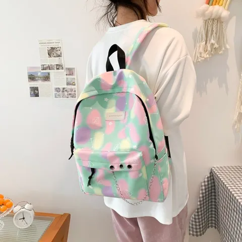 Preppy Style Nylon Backpack Large Capacity Gradient Tie Dye Print School Bag With Metal Chain For Women Teen Girls
