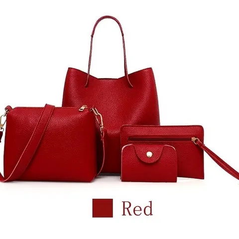 Damen Litschimuster PU Leder Schultertasche 4-Teiliges Set Mode Tote Umhängetasche Clutch Geldbörse