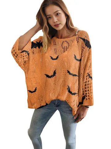 Γυναικείο Πουλόβερ Halloween με Τρύπες Πλεκτό Κολοκύθα Νυχτερίδα Τυπωμένο Χαλαρό Μακρυμάνικο Στρογγυλή Λαιμόκοψη Άνοιξη Καλοκαίρι