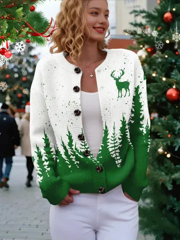 Women Christmas Printed Knit Cardigan Top Casual Round Neck Printed Sweater Festive Reindeer Snowflake Pattern Button Knitwear