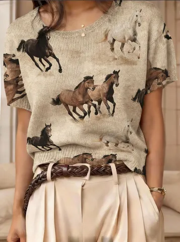 Maglieria da Donna Retro a Maniche Corte Colore a Contrasto Rombi Cuore Jacquard Top Poliestere Girocollo Stampato Maglione