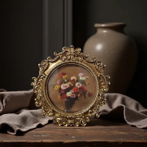 French Vintage Baroque Round Resin Photo Frame Classical Floral Print Carved Relief Decorative Wall Tabletop Picture Frame