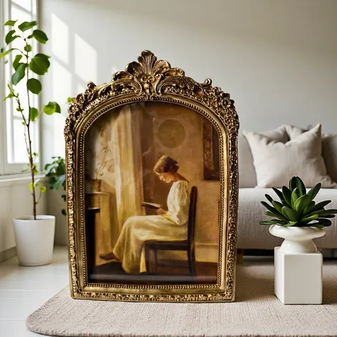 Marco de Fotos Europeo Vintage de Resina Lujo Oro Relieve Arco Tallado Marco de Cuadro Para Mesa Pared Decoración Adornos Hogar