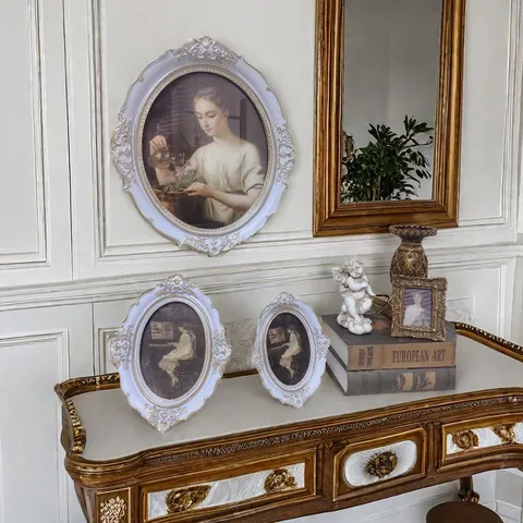 Cadre Photo Ovale en Résine Sculptée Rococo Vintage Français Suspension Murale de Table Relief Doré Cadre Photo Décoratif de Luxe Décoration d'Intérieur