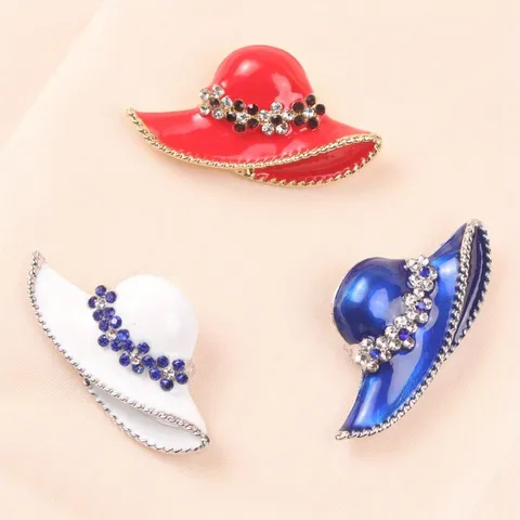 Elegant Hat Shaped Enamel Brooch For Women Rhinestone Inlaid Alloy Hat Pin Vintage Coat Corsage Fashion Jewelry Accessory Red Blue White