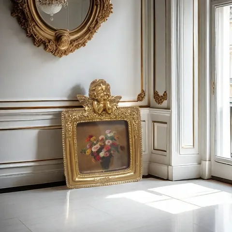 French Vintage Resin Photo Frame Gold Baroque Relief Picture Frame Angel Flower Carved Decorative Frame Tabletop Wall Hanging Home Decor