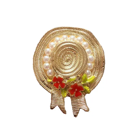 Spilla a Fiocco in Oro Vintage per Donna Lega Perla Artificiale Strass Gatto Cappello di Paglia Spille in Metallo Accessori Abbigliamento