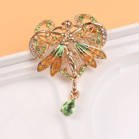 Broche de Ángel de Corazón Barroco Vintage para Mujer Aleación Dorada Diamantes de Imitación Verdes Esmalte Joyería
