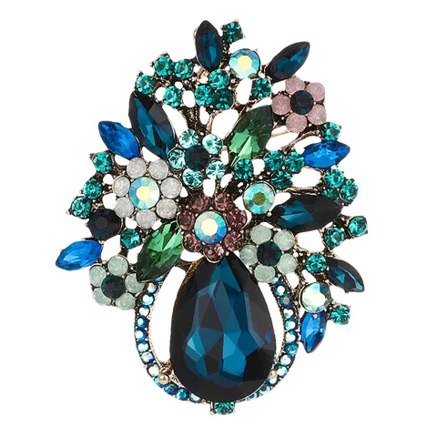 Elegant Flower Basket Rhinestone Brooch For Women Zinc Alloy Inlaid Blue Floral Corsage Pin Vintage Banquet Suit Jewelry Gift