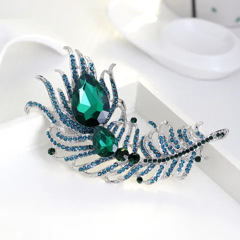 Large Feather Brooch For Women Alloy Rhinestone Glass Pin For Suit Coat Banquet Party Wedding Fashion Jewelry Accessory
