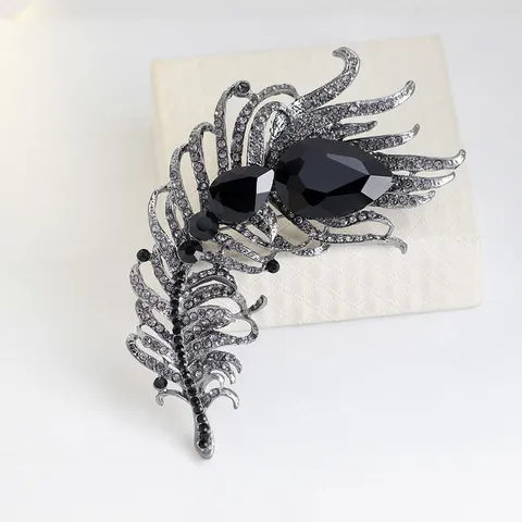Large Feather Brooch For Women Alloy Rhinestone Glass Pin For Suit Coat Banquet Party Wedding Fashion Jewelry Accessory