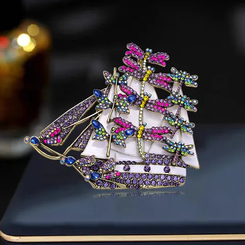 Vintage Sailboat Dragonfly Brooch For Women Zinc Alloy Colorful Rhinestone Enamel Smooth Sailing Lapel Pin Jewelry