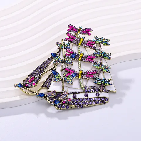 Vintage Sailboat Dragonfly Brooch For Women Zinc Alloy Colorful Rhinestone Enamel Smooth Sailing Lapel Pin Jewelry