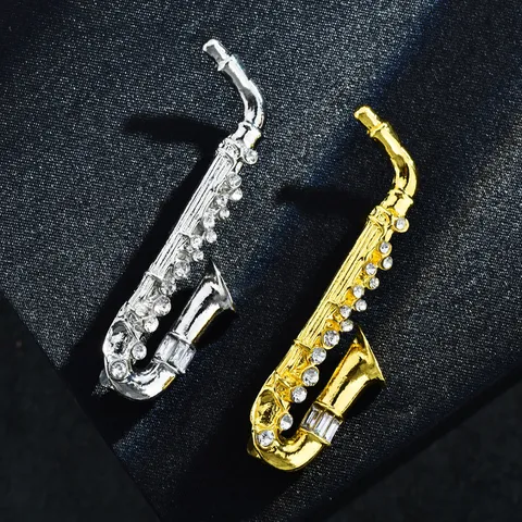 Vintage Zinc Alloy Saxophone Brooch Pin With Rhinestone Inlaid Musical Instrument Pin For Women Men Music Lovers Jewelry Gift