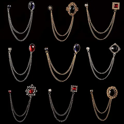 Vintage Alloy Rhinestone Double Chain Brooch For Women Men Elegant Ruby Sapphire Black Gemstone Sweater Lapel Pin For Banquet Party Wedding Jewelry
