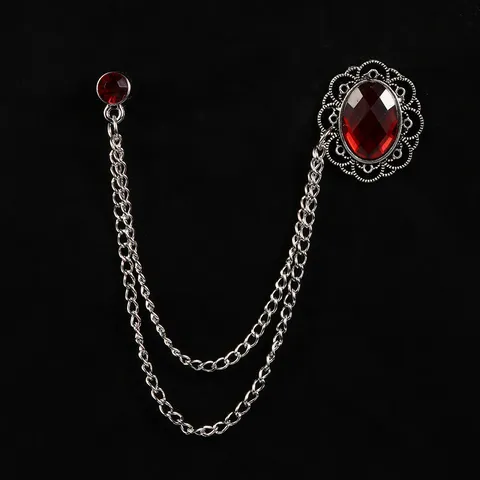 Vintage Alloy Rhinestone Double Chain Brooch For Women Men Elegant Ruby Sapphire Black Gemstone Sweater Lapel Pin For Banquet Party Wedding Jewelry