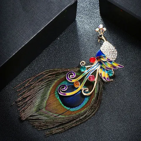 Vintage Luxury Peacock Feather Brooch For Women Elegant Rhinestone Enamel Animal Brooch Pin Jewelry Gift