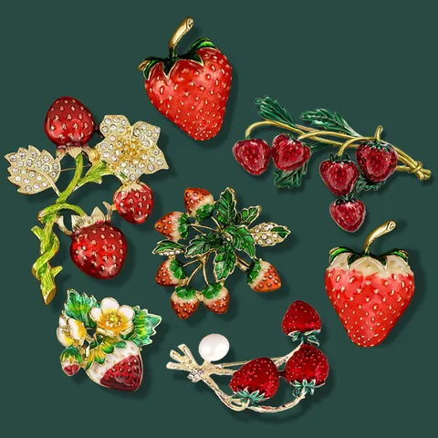 Fashion Retro Strawberry Enamel Brooch Exquisite Fruit Series Corset Badge Rhinestone Artificial Pearl Pin For Women Jewelry