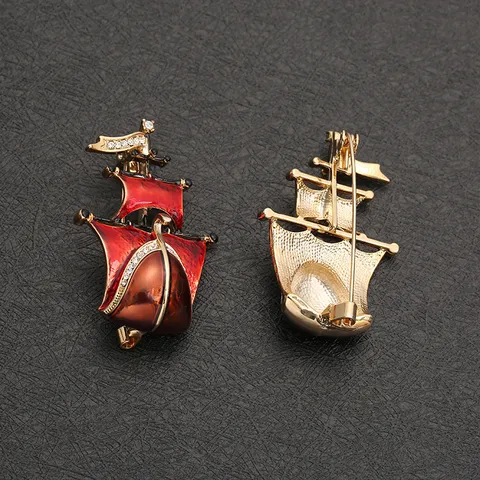 Vintage Enamel Sailing Boat Brooch For Unisex Creative Steamship Rhinestone Brooch Party Gift Alloy Casual Fashion Jewelry