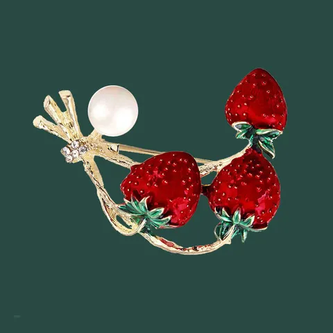Fashion Retro Strawberry Enamel Brooch Exquisite Fruit Series Corset Badge Rhinestone Artificial Pearl Pin For Women Jewelry
