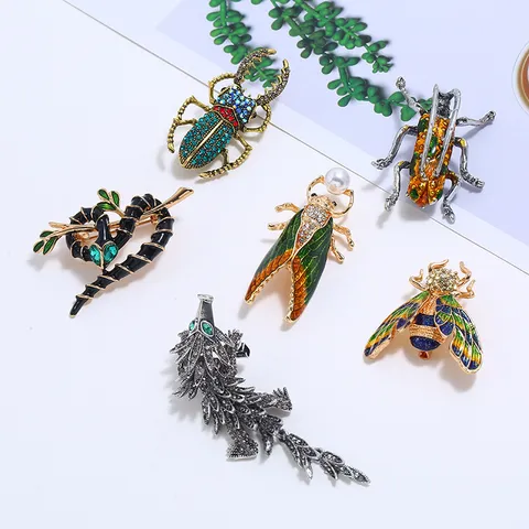 Vintage Zinklegering Insekt Broche Voor Dames Heren Kever Kikker Hagedis Emaille Strass Kunstparel Speldjes Mode Dier Badge Sieraden Accessoire