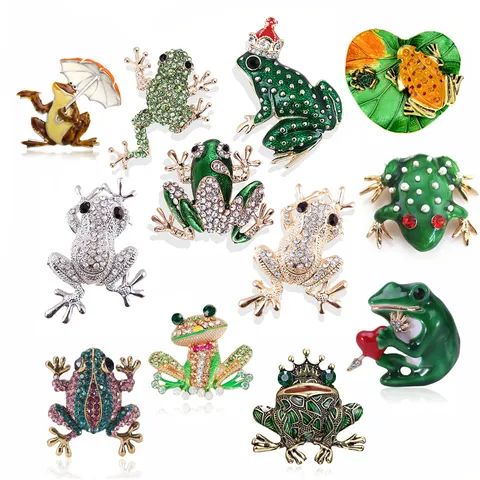 Vintage Zinc Alloy Frog Brooch Green Enamel Rhinestone Animal Pin Funny Cartoon Frog Clothing Accessory For Women Men Gift Jewelry
