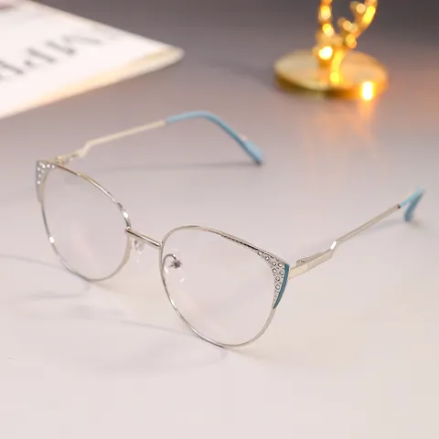 Gafas Antiluz Azul Ojo De Gato Para Mujer Montura De Metal Fotocromáticas Diamantes De Imitación Moda Gafas Ópticas Planas Para Oficina Diario