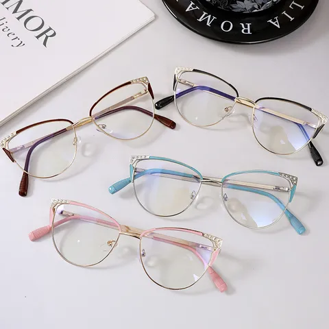 Women Fashion Cat Eye Metal Eyeglasses Frame Rhinestone Inlaid Blue Light Blocking Photochromic Optical Plain Glasses Trend