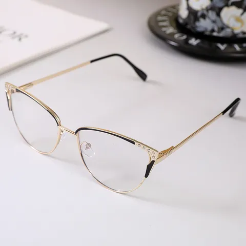 Women Fashion Cat Eye Metal Eyeglasses Frame Rhinestone Inlaid Blue Light Blocking Photochromic Optical Plain Glasses Trend