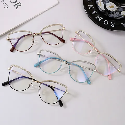 Montura de Gafas Ojo de Gato para Mujer Metal con Diamantes de Imitación Anti Luz Azul Fotocrómica Montura Óptica
