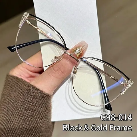 Occhiali da Donna Alla Moda Fotocromatici Anti Luce Blu Trendy Montatura Metallo Occhio di Gatto Strass Occhiali Ottici
