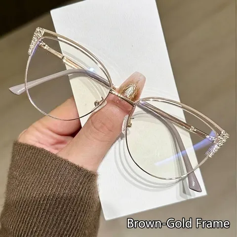 Occhiali da Donna Alla Moda Fotocromatici Anti Luce Blu Trendy Montatura Metallo Occhio di Gatto Strass Occhiali Ottici