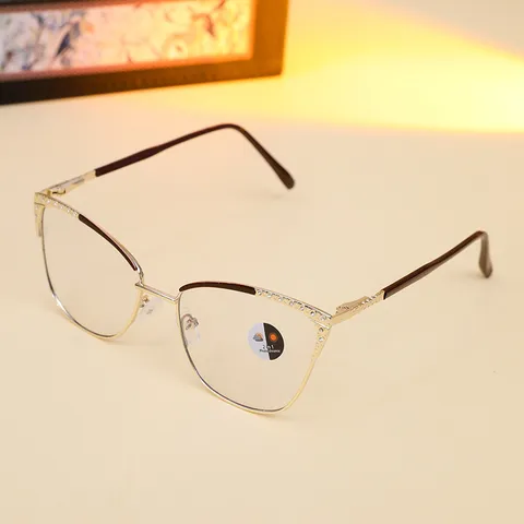 Women Cat Eye Titanium Alloy Eyeglass Frames Rhinestone Inlaid Two Tone Blue Light Blocking Photochromic Optical Glasses